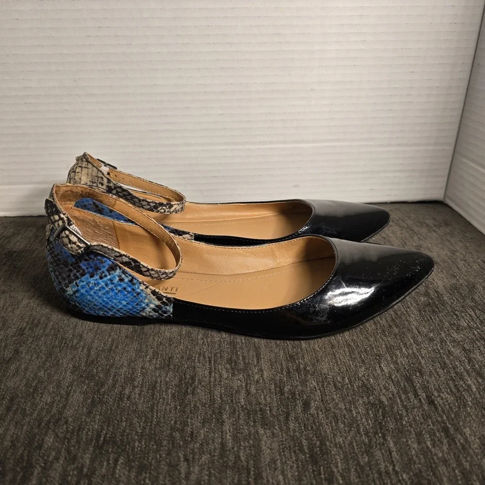 Marco Santi Womens Black Patent Blue Snakeskin Pointed Toe Ankle Strap Flats 6.5
